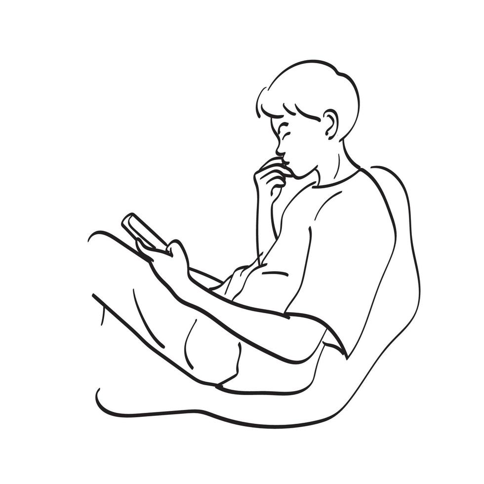 dessin au trait pleine longueur adolescent masculin utilisant un smartphone sur un canapé illustration vecteur dessiné à la main isolé sur fond blanc