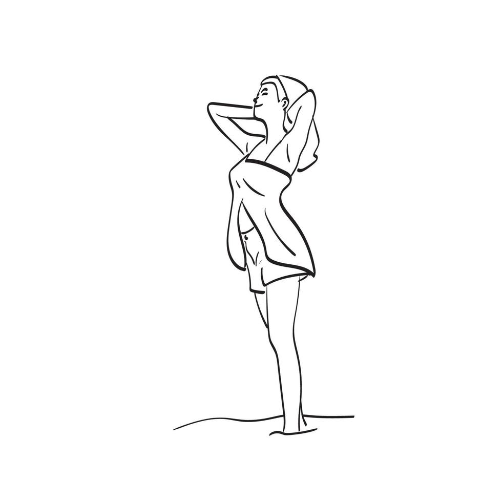 dessin au trait pleine longueur femme avec les mains dans ses cheveux illustration vecteur dessiné à la main isolé sur fond blanc