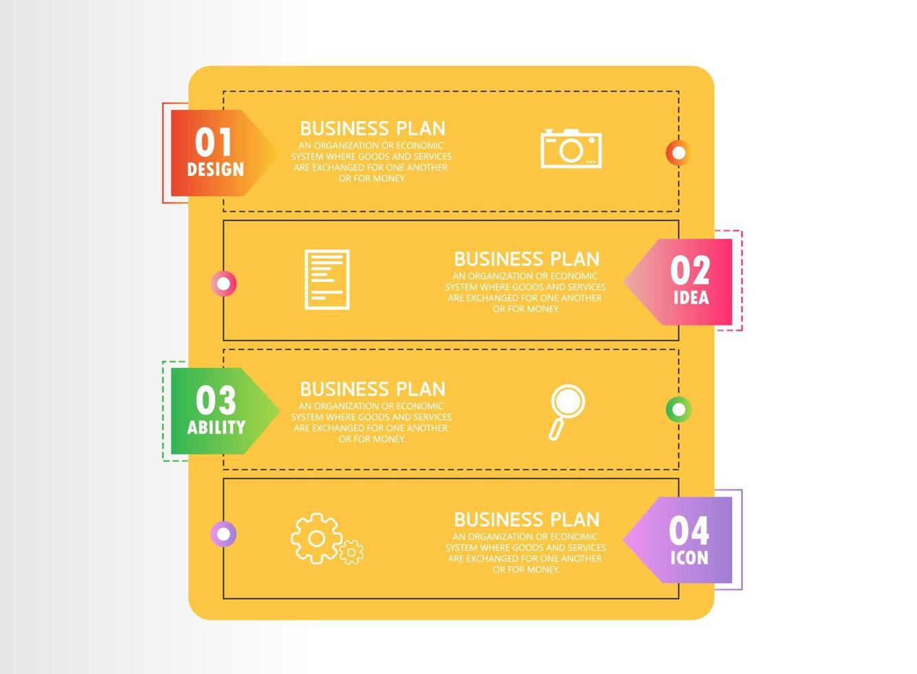 idée d'entreprise de présentation de modèle d'infographie de chronologie avec des icônes, des options ou des étapes. les infographies pour les idées commerciales peuvent être utilisées pour les graphiques de données, les organigrammes, les sites Web, les bannières. vecteur