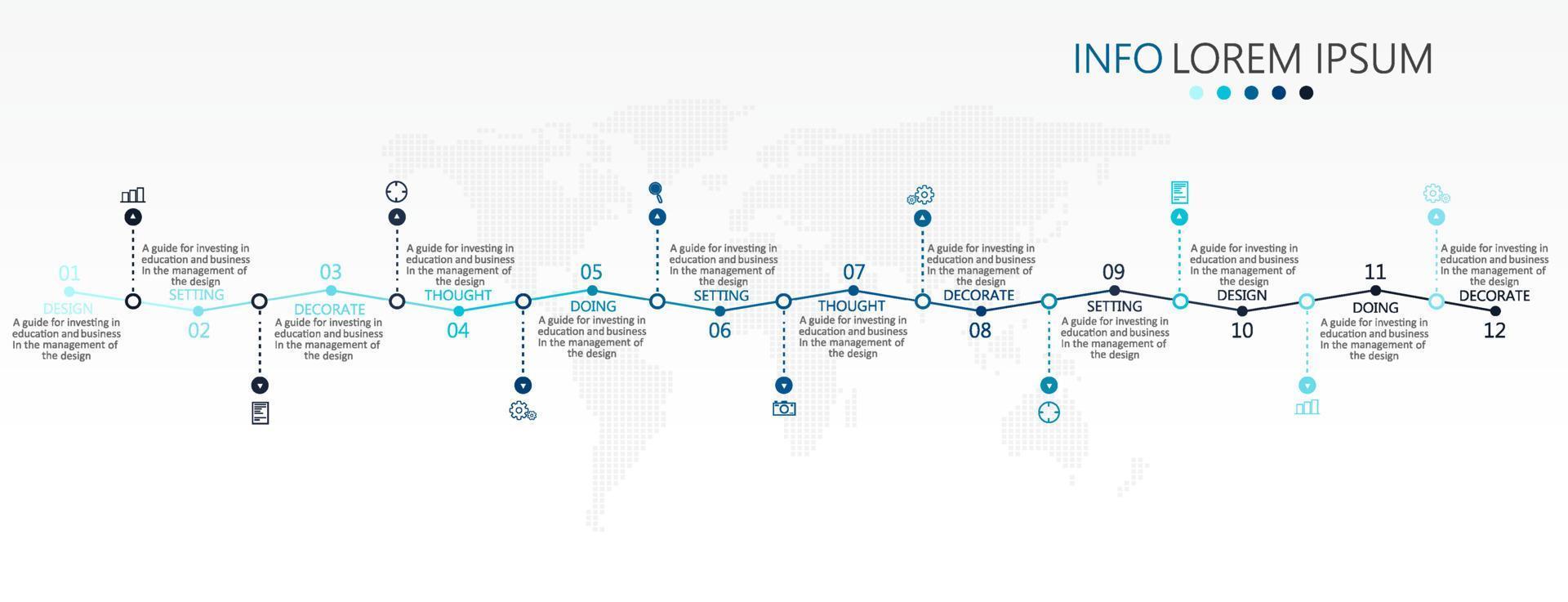 idée d'entreprise de présentation de modèle d'infographie de chronologie avec des icônes, des options ou des étapes. les infographies pour les idées commerciales peuvent être utilisées pour les graphiques de données, les organigrammes, les sites Web, les bannières. vecteur