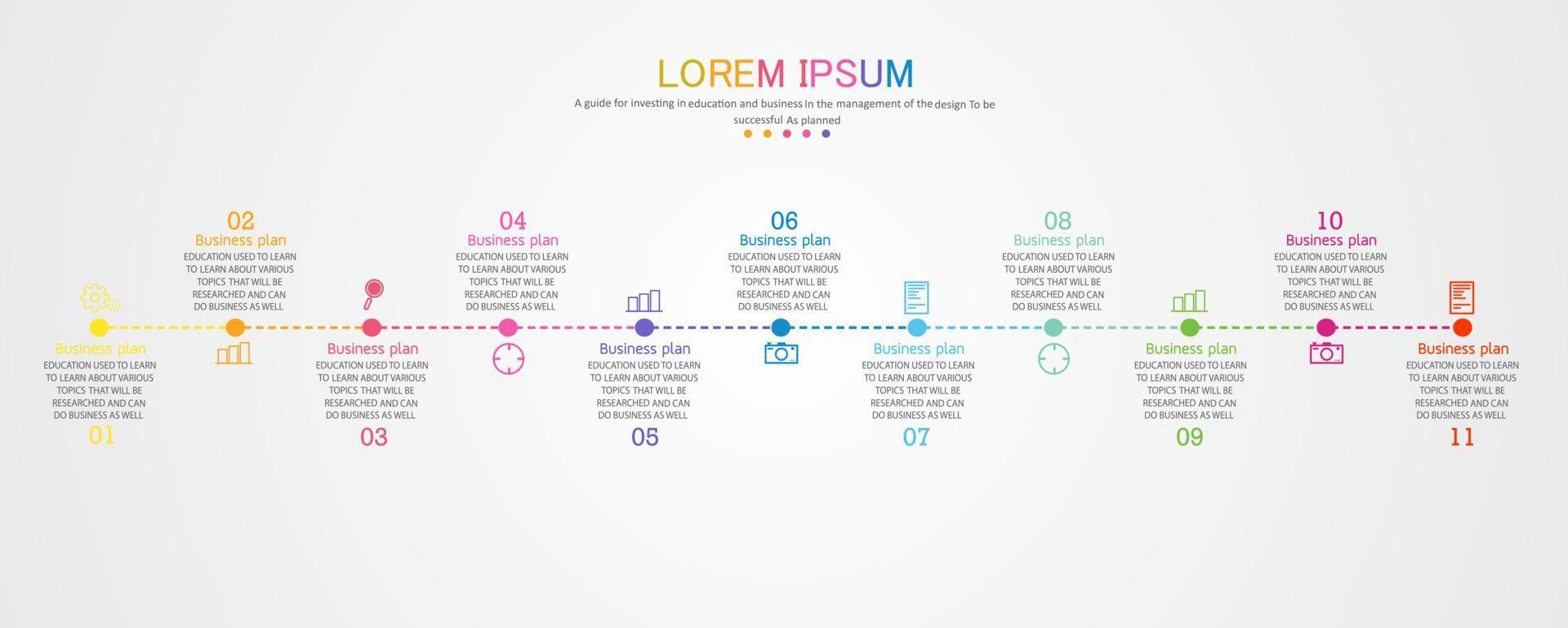 idée d'entreprise de présentation de modèle d'infographie de chronologie avec des icônes, des options ou des étapes. les infographies pour les idées commerciales peuvent être utilisées pour les graphiques de données, les organigrammes, les sites Web, les bannières. vecteur