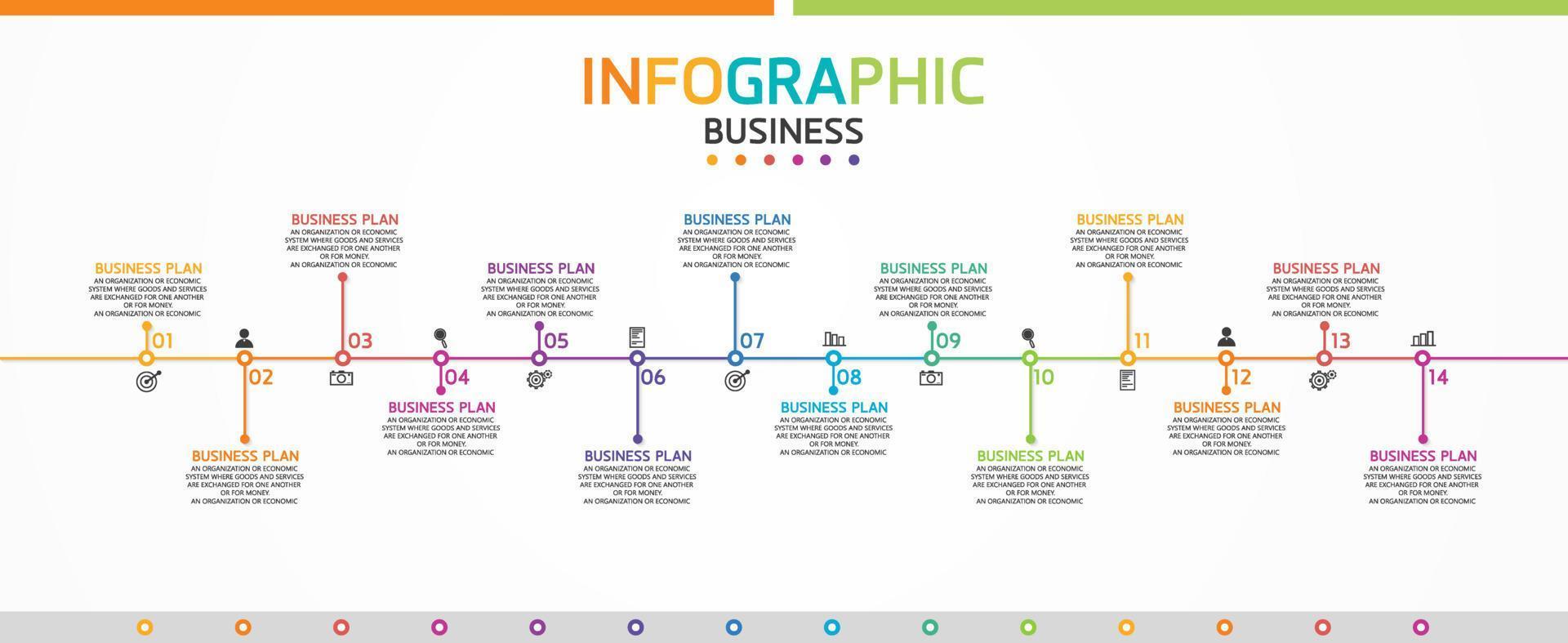 idée d'entreprise de présentation de modèle d'infographie de chronologie avec des icônes, des options ou des étapes. les infographies pour les idées commerciales peuvent être utilisées pour les graphiques de données, les organigrammes, les sites Web, les bannières. vecteur