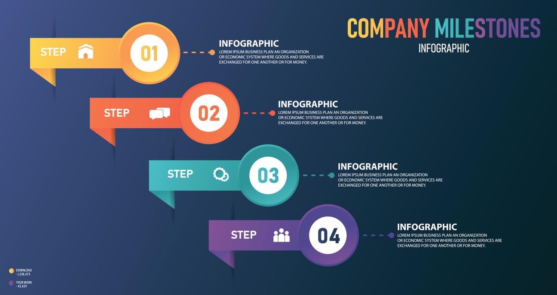 idée d'entreprise de présentation de modèle d'infographie de chronologie avec des icônes, des options ou des étapes. les infographies pour les idées commerciales peuvent être utilisées pour les graphiques de données, les organigrammes, les sites Web, les bannières. vecteur