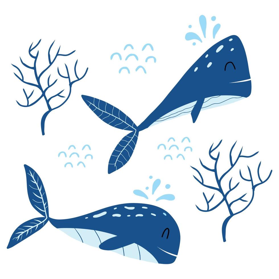 illustration pour enfants de deux baleines bleues. affiche dessinée à la main avec de jolies baleines et des algues. vecteur