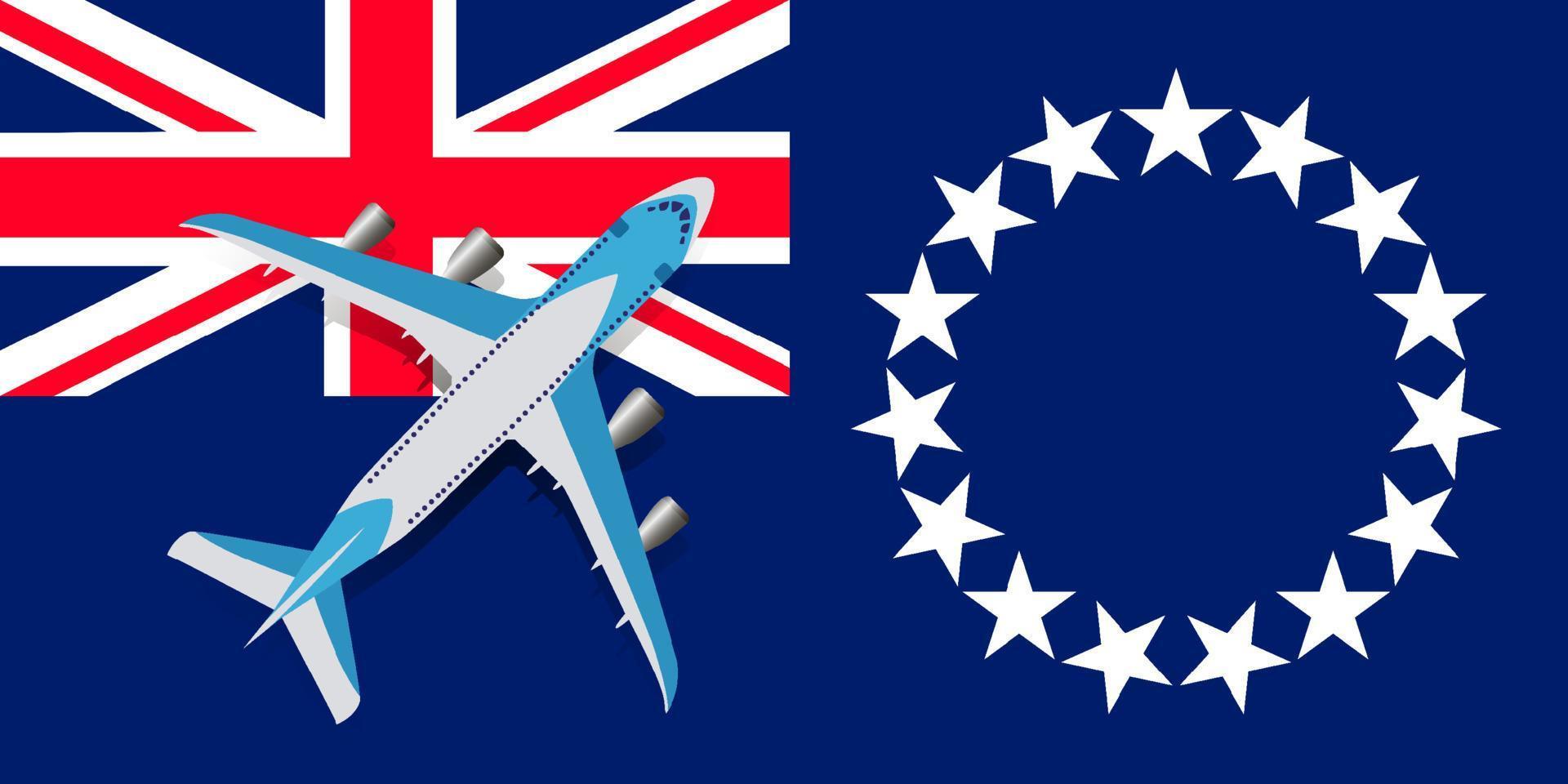 Illustration vectorielle d'un avion de passagers survolant le drapeau de l'île Cook. le concept de tourisme et de voyage vecteur