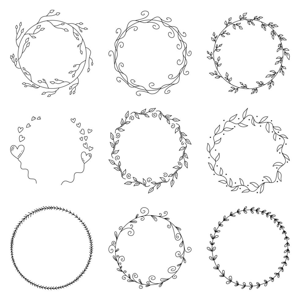 cadre floral de vecteur dans la collection de style lineart noir. belle décoration ronde pour les invitations, cartes de voeux, mariage