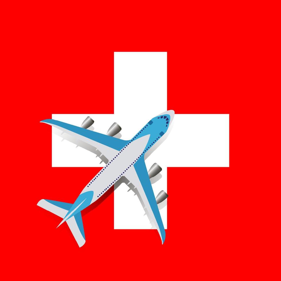 illustration vectorielle d'un avion de passagers survolant le drapeau suisse. concept de tourisme et de voyage vecteur