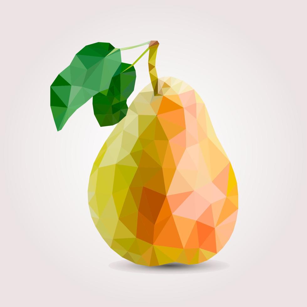 poire fraîche, nutritive et délicieuse. fleur de fraisier. éléments de conception d'étiquettes. illustration. ingrédients de fruits dans la technique de triangulation. la poire est low-poly. vecteur