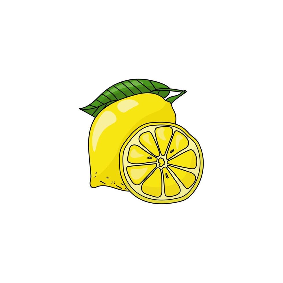 citron brillant juteux entier et demi, agrumes jaunes avec feuille verte et contour noir en style cartoon vecteur