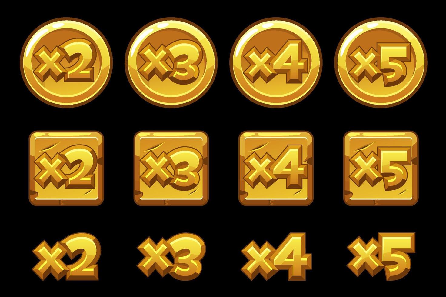 numéros bonus d'or sur des carrés de planches rondes. ensemble de nombres multipliés d'or pour le jeu. vecteur