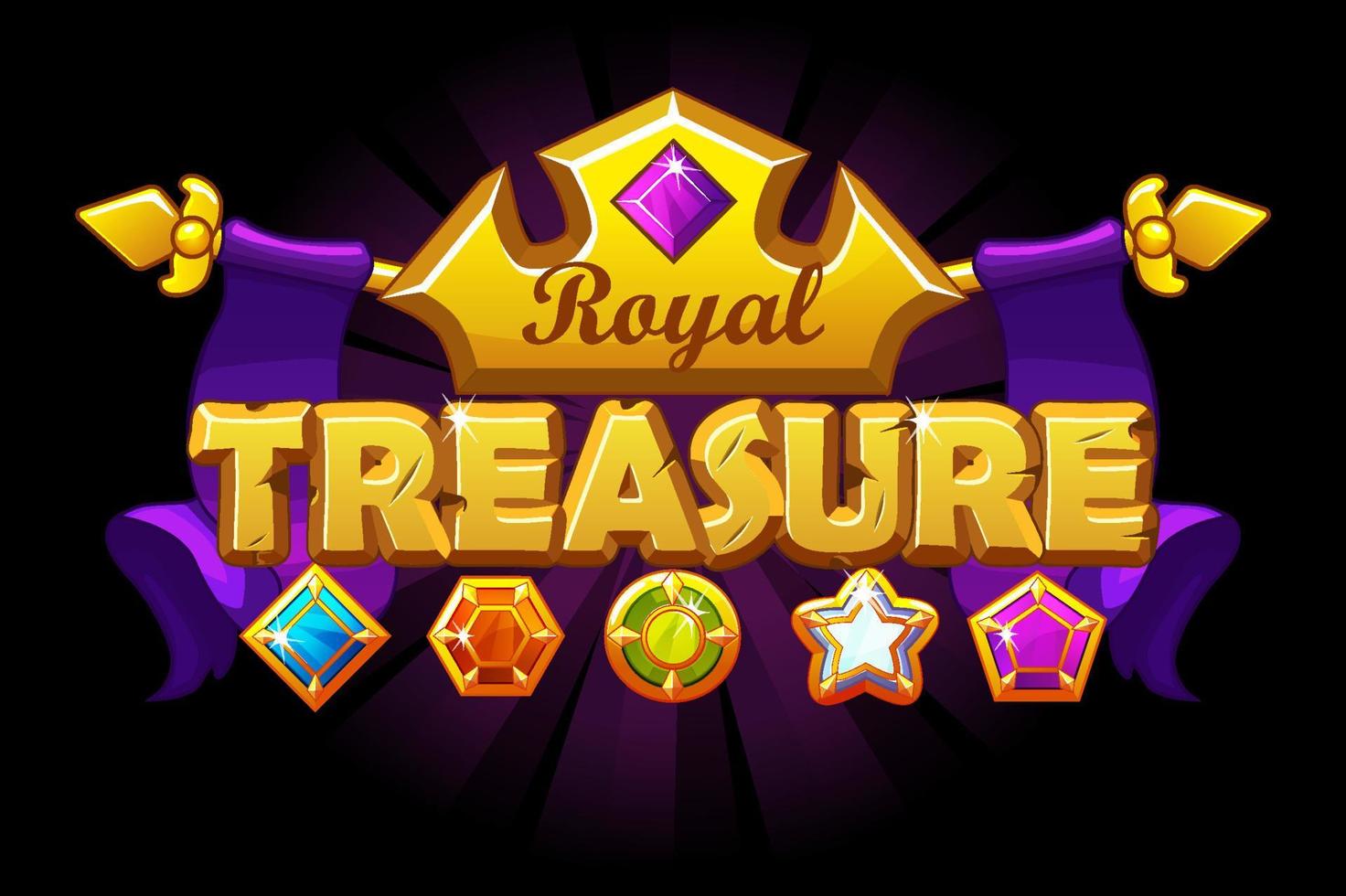 bannière de logo de trésor avec couronne dorée et gemme. fond royal avec des diamants de différentes formes. vecteur