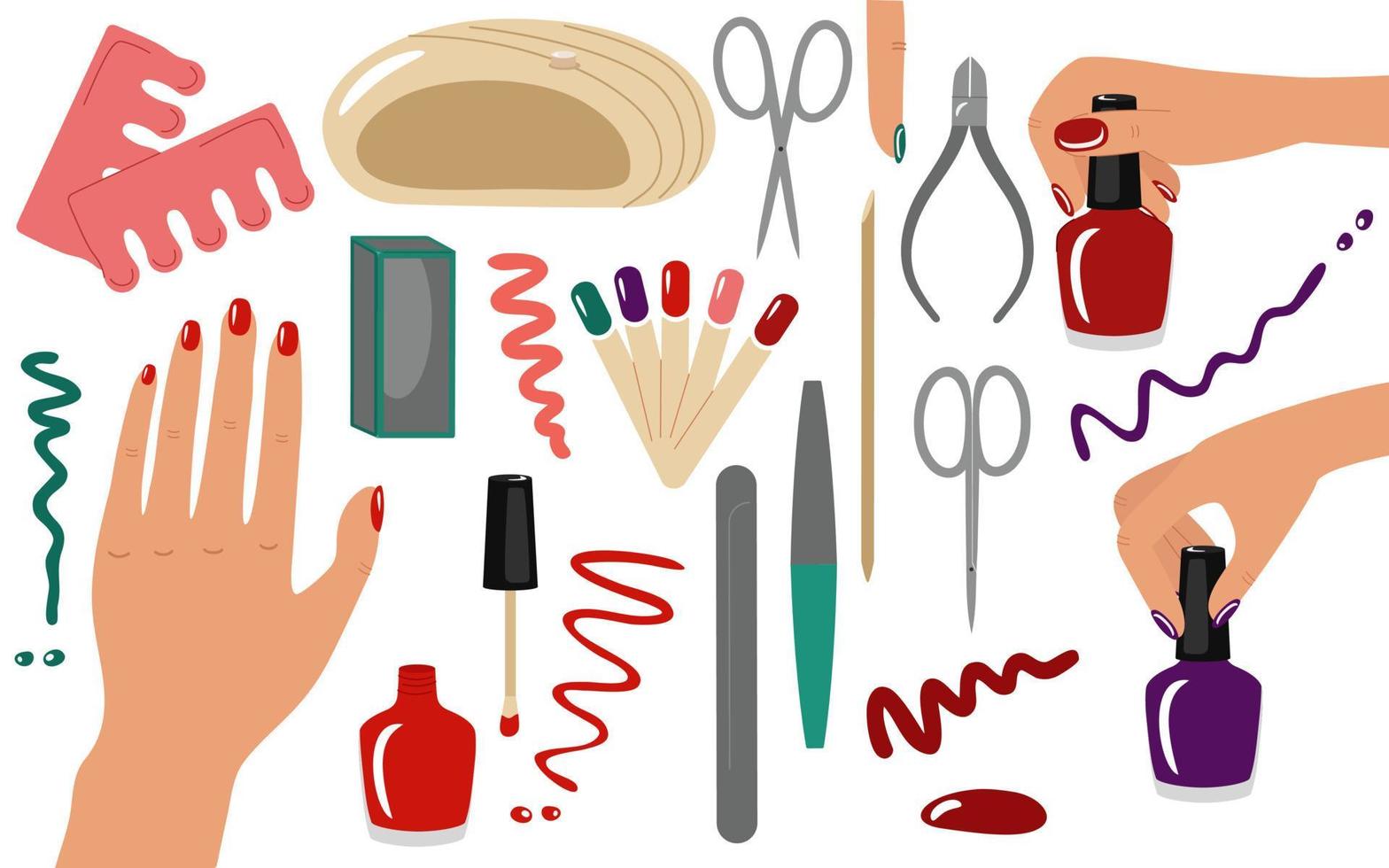 outils de manucure, mains de femmes, vernis à ongles et ongles peints. lime à ongles, ciseaux, coupe-fil. un ensemble d'illustrations vectorielles, des blancs pour la conception ou la décoration. style plat dessiné à la main vecteur