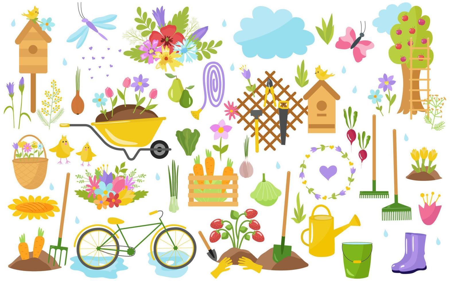 jardinage, jeu de printemps. outils, fleurs, brouette, arbres, oiseaux, nichoir, arrosoir, vélo, pommier. pour l'impression sur tissu, papier, cartes postales, invitations. illustration vectorielle. vecteur