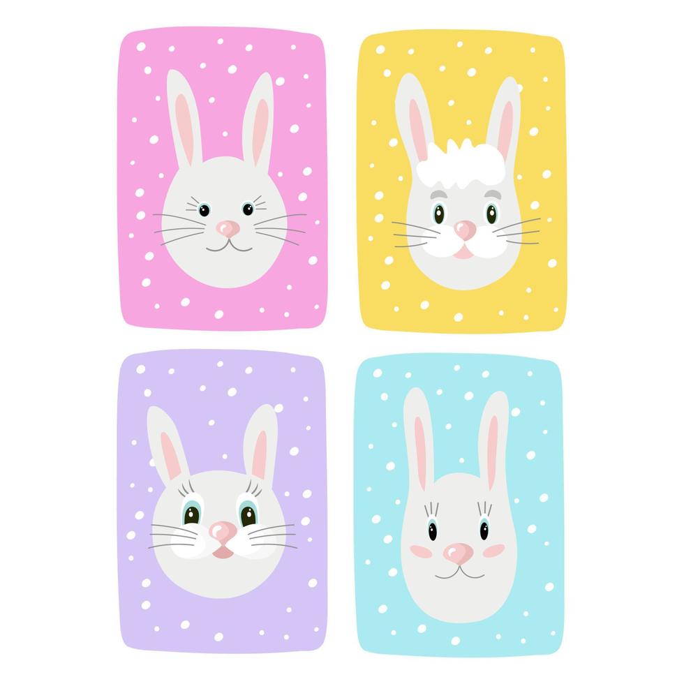 étiquettes et étiquettes, jolis visages de lapin de printemps. conception pour enfants, cartes postales, impression sur papier ou tissu. illustration vectorielle isolée. vecteur