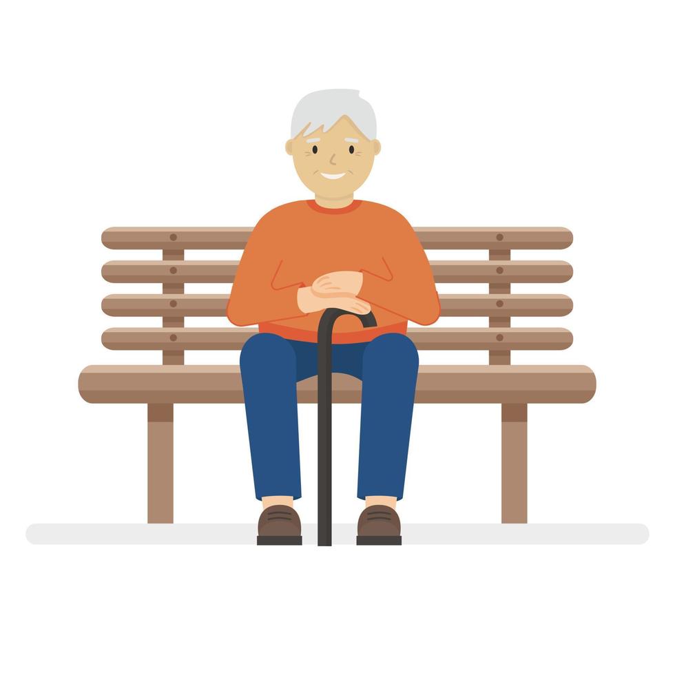 vieil homme souriant assis sur un banc. illustration vectorielle d'un homme avec une canne. isolé sur fond blanc. vecteur