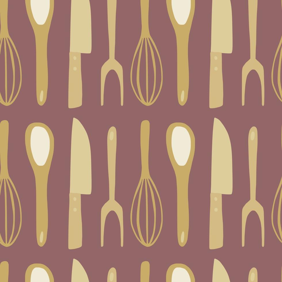 modèle de doodle d'outils de cuisine sans soudure. couteau stylisé, cuillère, fourchette, illustrations de silhouettes de corolle dans les tons marron et ocre. vecteur