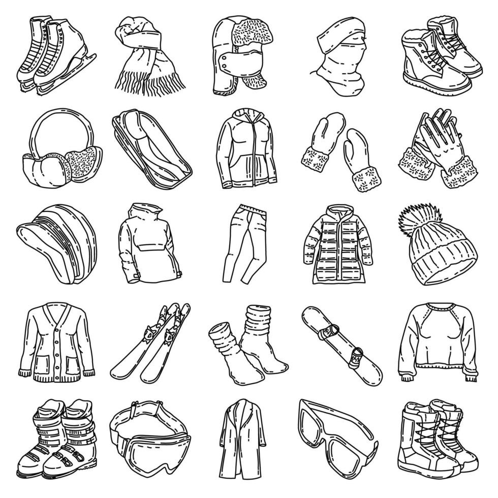 accessoires d'hiver et activités pour les femmes ensemble d'icônes vecteur doodle style d'icône dessiné à la main ou contour.
