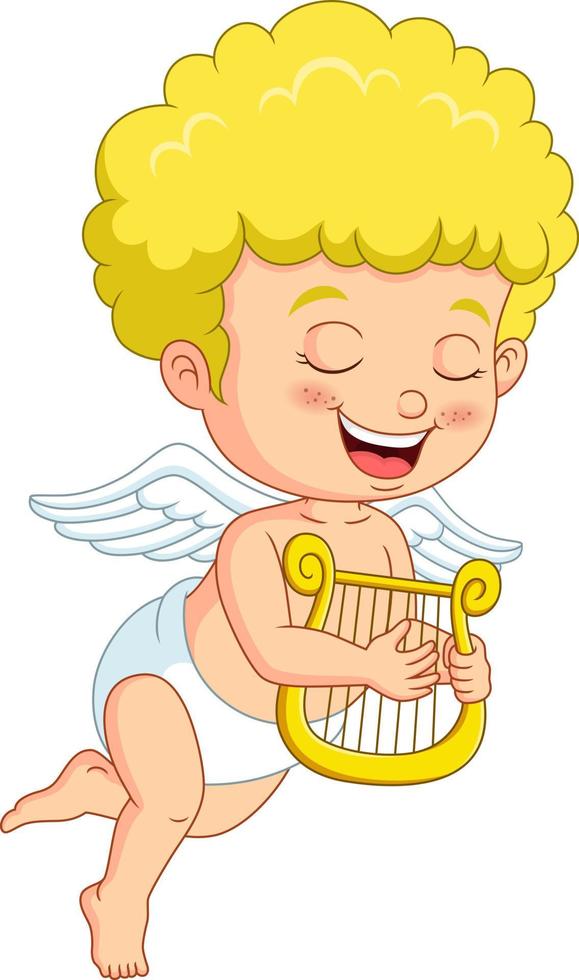 mignon petit dessin animé cupidon jouant de la musique de harpe vecteur