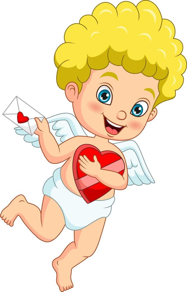 mignon petit cupidon tenant une enveloppe et un coeur rouge vecteur