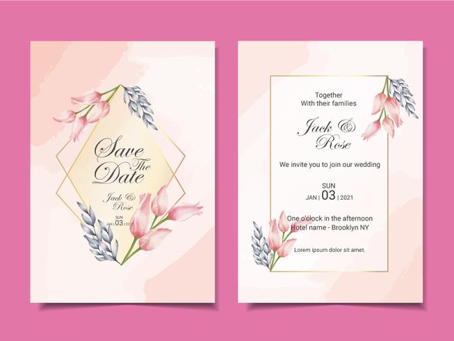 Modèle de cartes d&#39;invitation de mariage de luxe d&#39;aquarelles Tulipes et feuilles avec cadre doré et beau fond abstrait vecteur