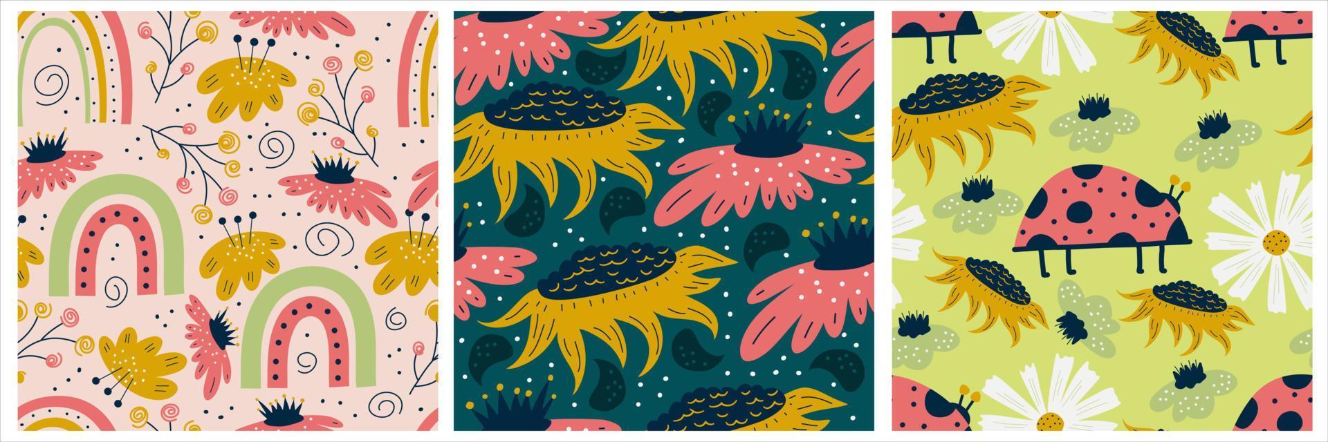 ensemble scandinave de motifs printaniers avec fleurs, coccinelles et arcs-en-ciel. modèle sans couture avec la conception d'illustration vectorielle d'insectes et de marguerites. conception d'impression de pépinière scandinave florale d'été vecteur