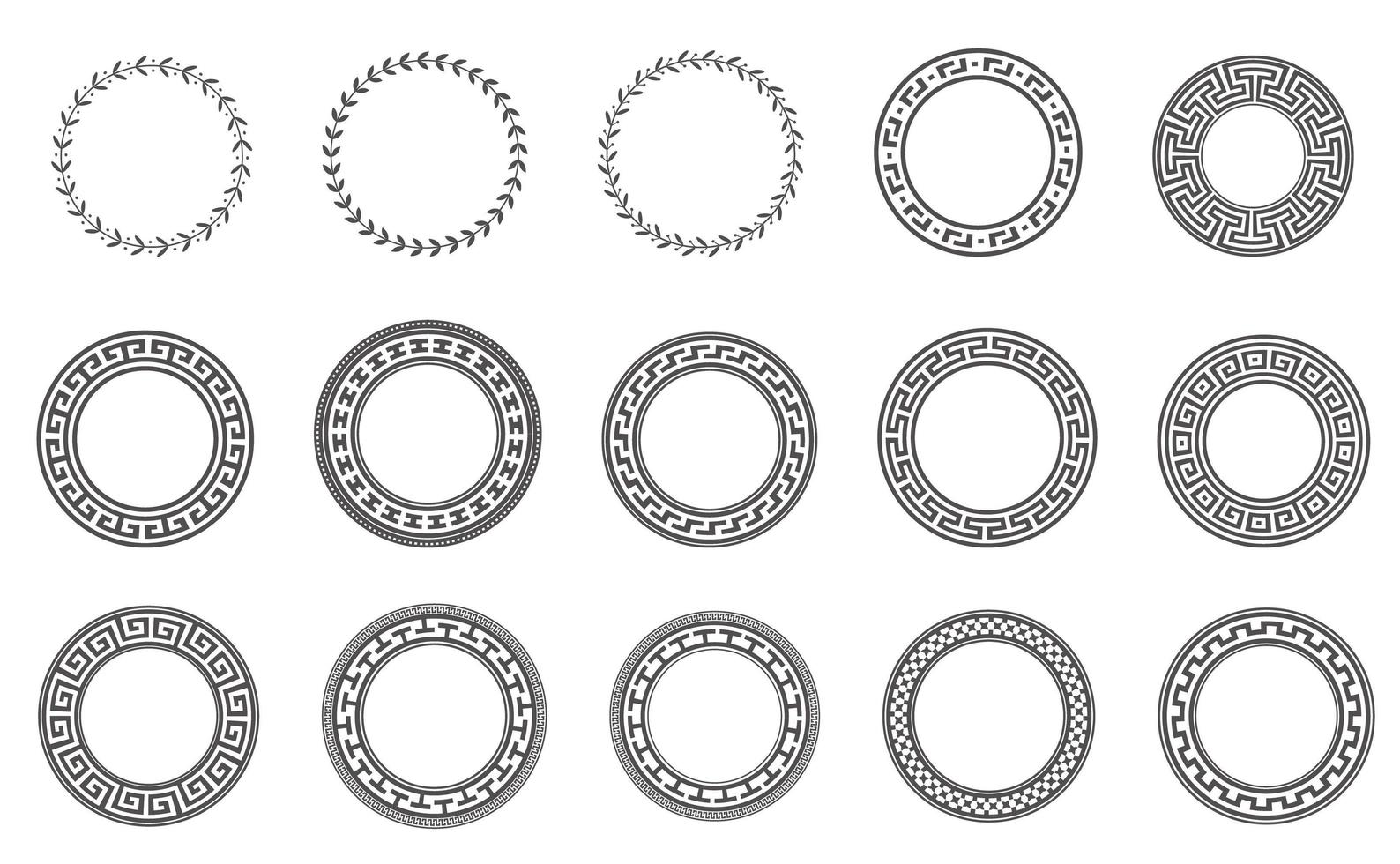 cadres grecs de cercle. bordures de méandres ronds. motifs d'éléments de décoration. illustration vectorielle isolée sur fond blanc. vecteur