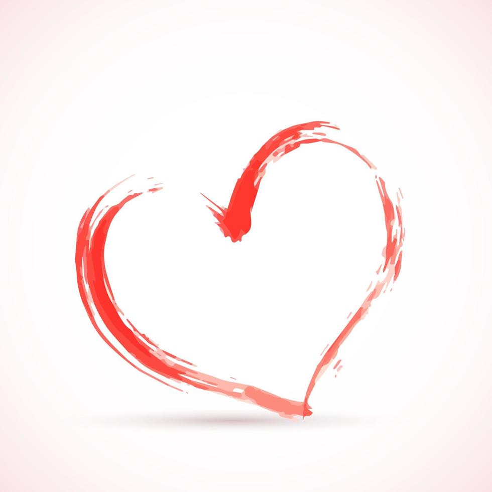 coeur rouge avec ombre peinte à la main avec un pinceau. forme texturée grunge de coeur. effet aquarelle ou peinture acrylique. carte postale de la saint valentin. vecteur