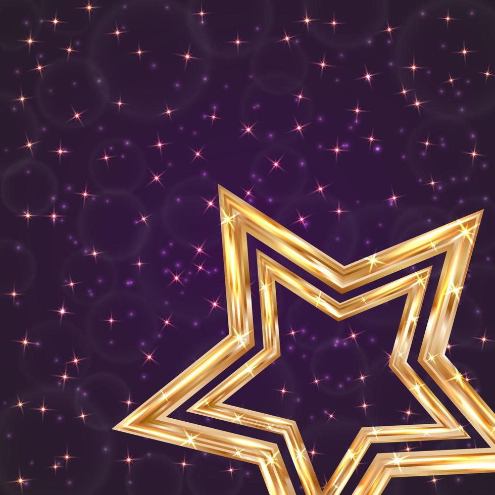 étoile dorée brillante sur fond violet foncé avec des particules scintillantes. illustration vectorielle de luxe or. modèle de conception pour vos œuvres d'art. vecteur