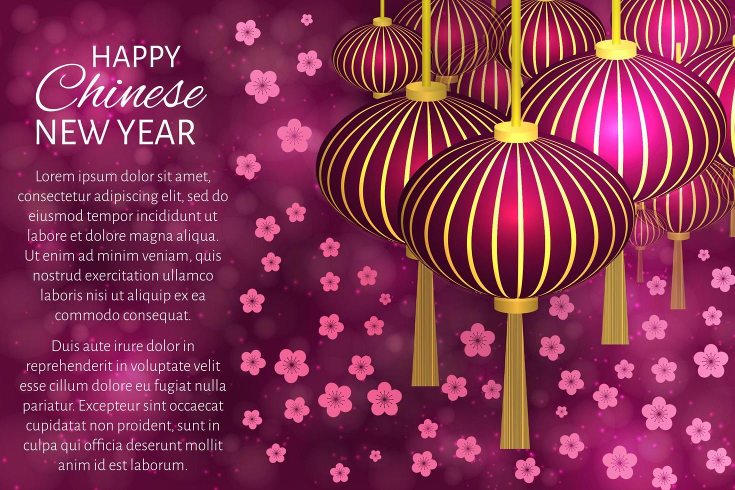 illustration vectorielle du nouvel an chinois avec des lanternes et des fleurs de cerisier sur fond bokeh. modèle de conception facile à modifier. peut être utilisé comme cartes de vœux, bannières, invitations, etc. vecteur