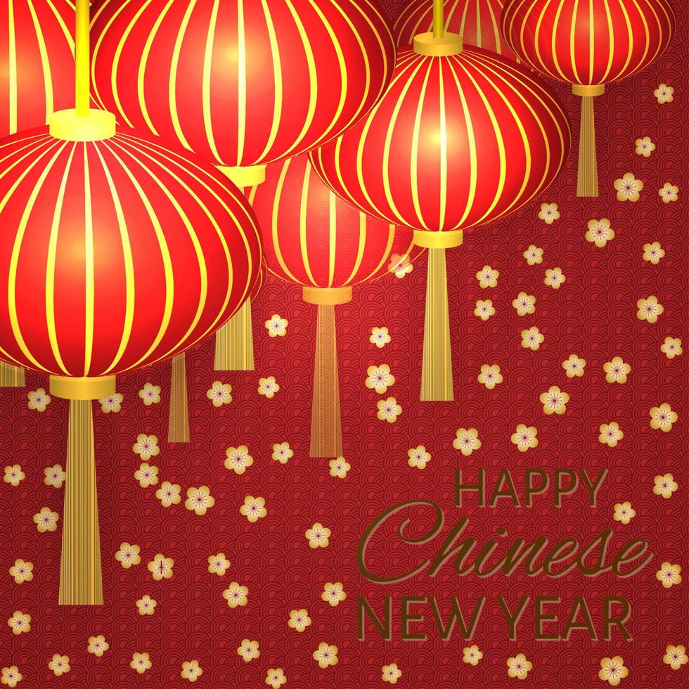 illustration vectorielle du nouvel an chinois avec des lanternes traditionnelles et des fleurs de cerisier. modèle de conception facile à modifier pour vos projets. peut être utilisé comme cartes de vœux, arrière-plans, invitations, etc. vecteur