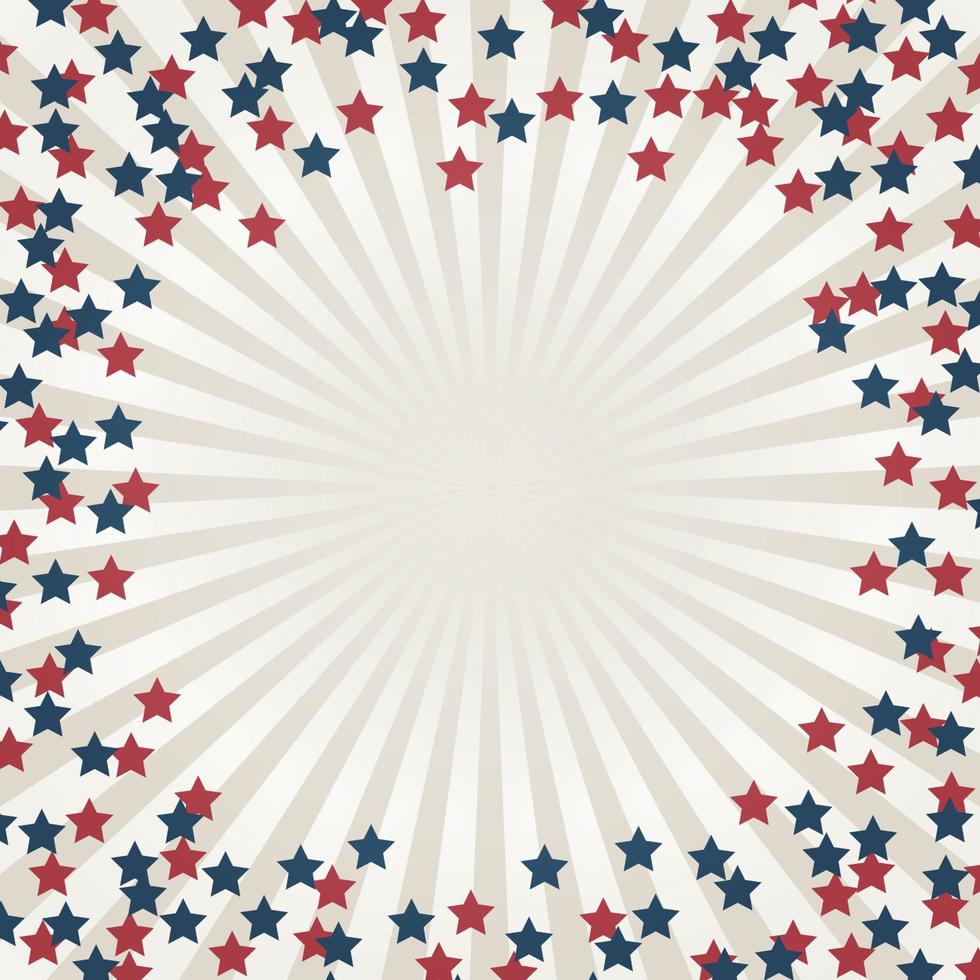 le jour de l'indépendance des états-unis le 4 juillet ou le fond du jour du souvenir avec des étoiles. illustration vectorielle patriotique rétro aux couleurs du drapeau américain. rayons de soleil rayés concentriques. vecteur