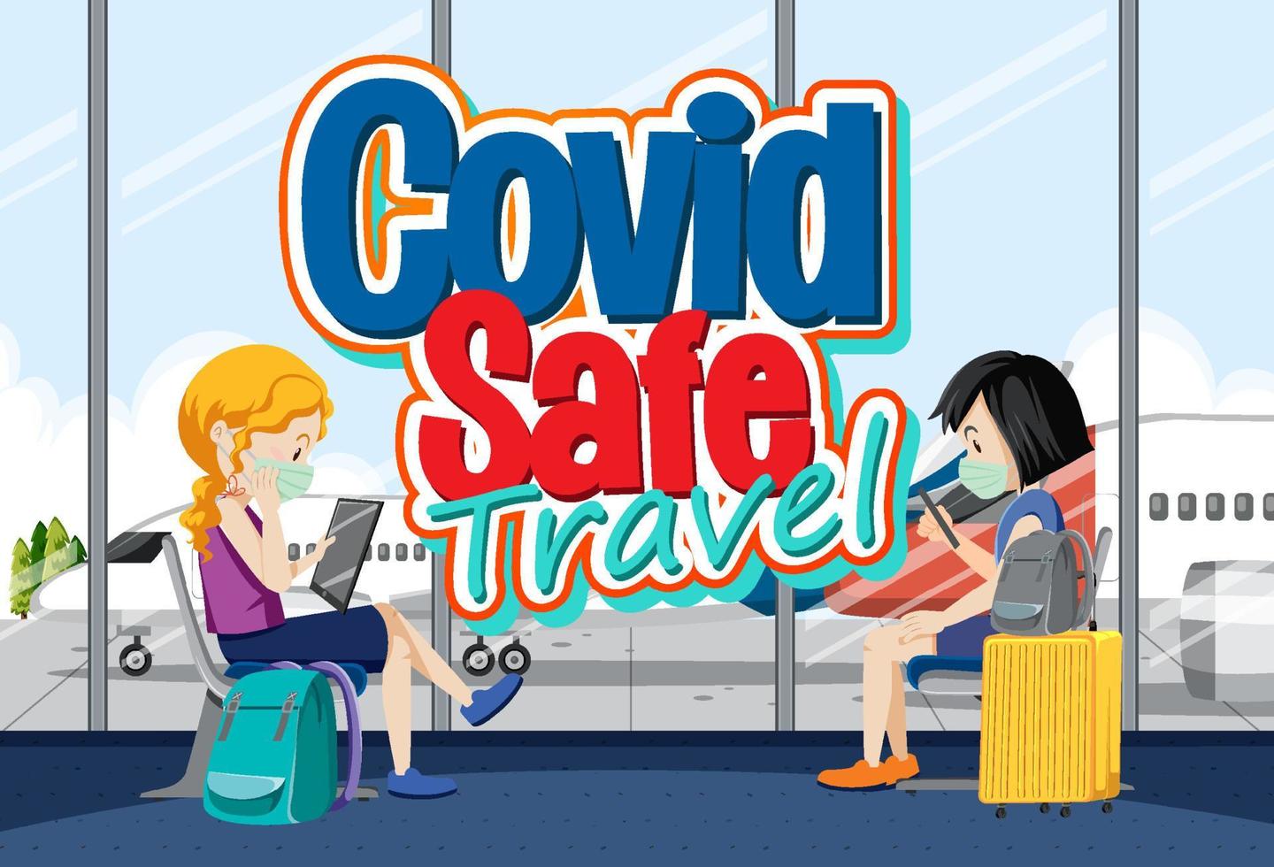 bannière de logo de voyage sûr covid avec des passagers en attente d'embarquement vecteur