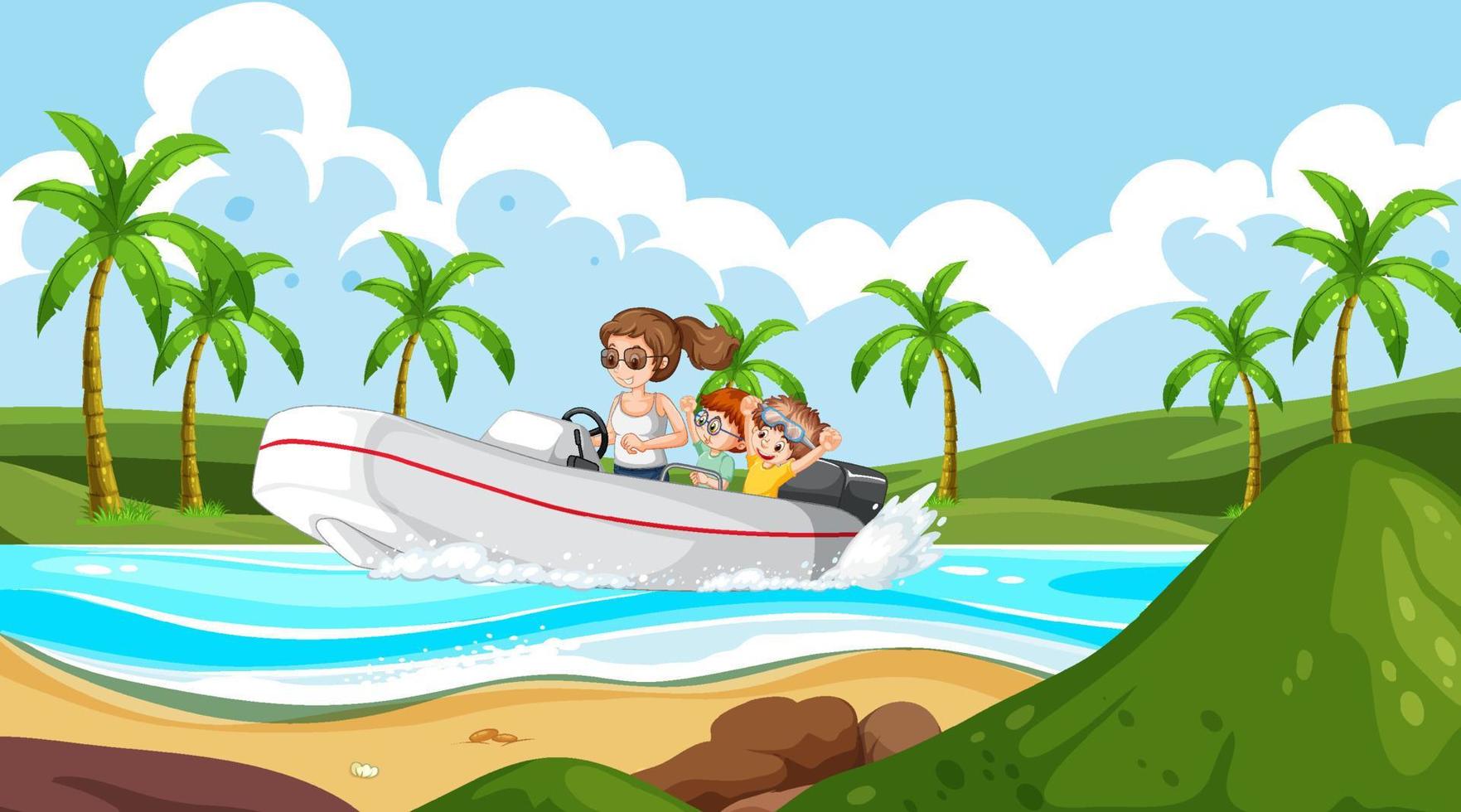 paysage océanique avec une femme conduisant un bateau avec des enfants vecteur