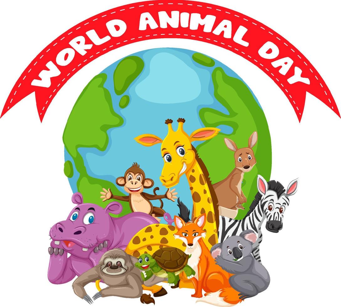 bannière de la journée mondiale des animaux avec dessin animé d'animaux sauvages vecteur