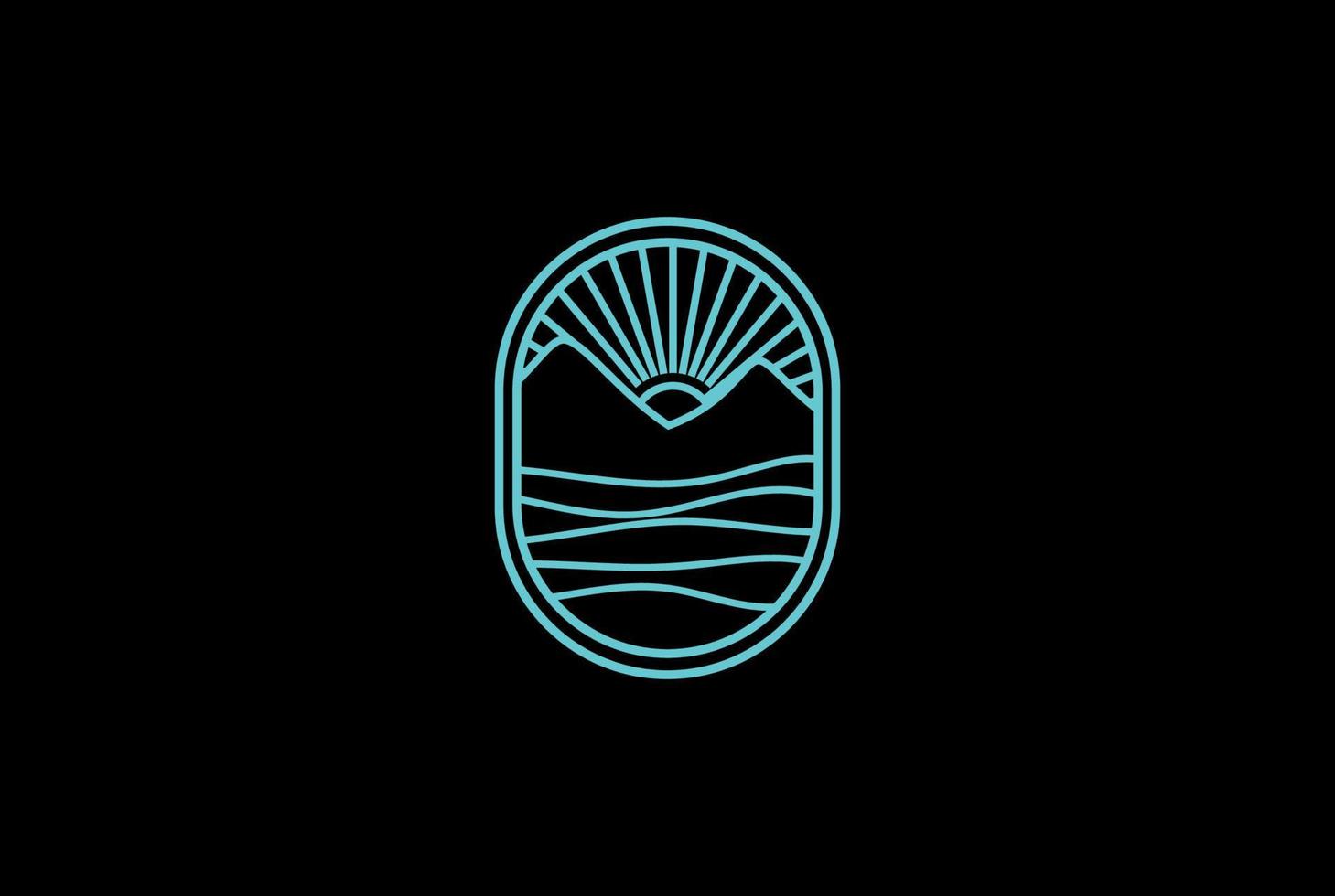 coucher de soleil de lever de soleil moderne simple avec île de montagne et emblème d'insigne de mer de rivière de lac pour la conception de logo d'aventure de voyage vecteur