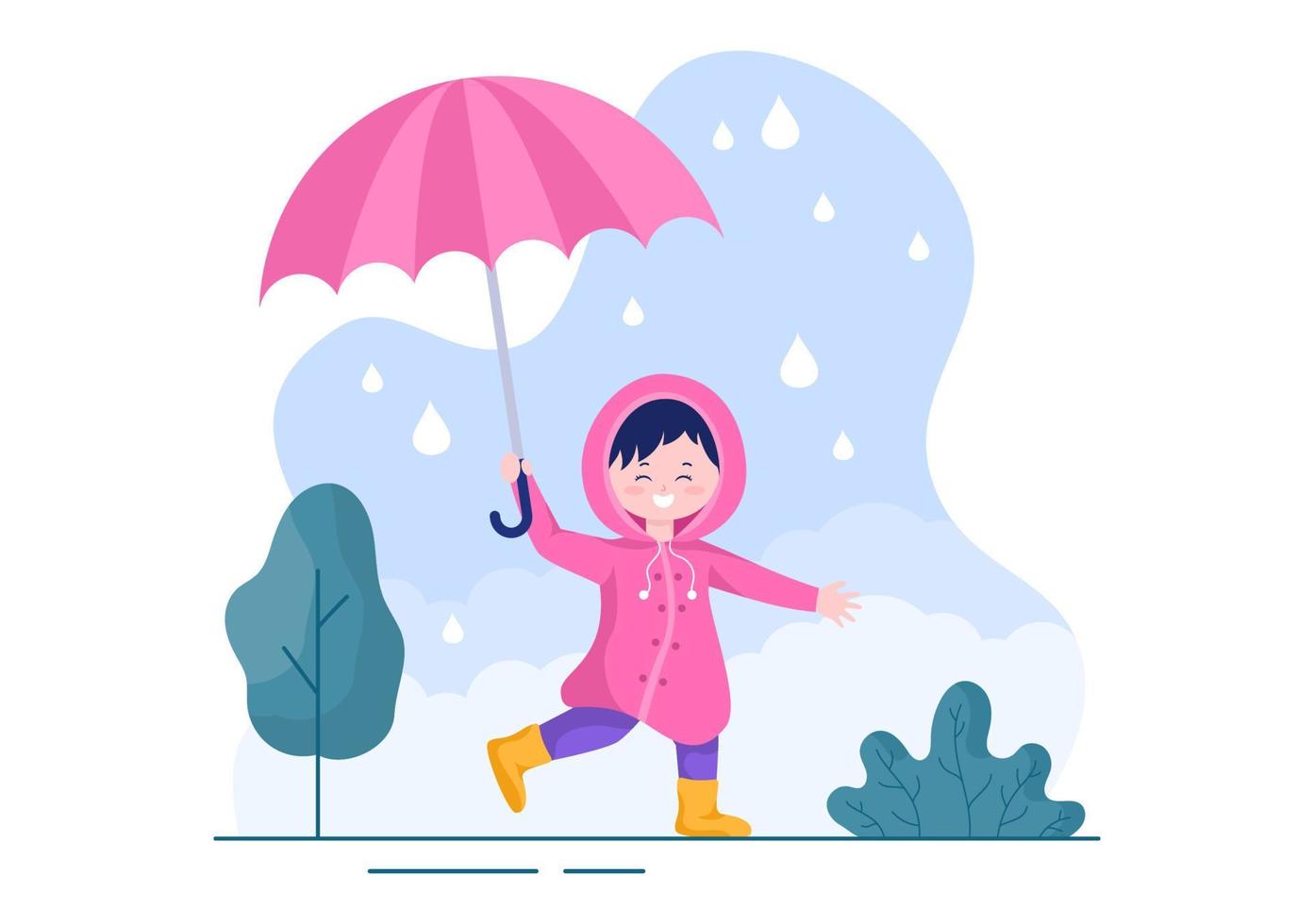 enfant mignon portant un imperméable, des bottes en caoutchouc et portant un parapluie au milieu des averses de pluie. illustration de vecteur de dessin animé fond plat pour bannière ou affiche