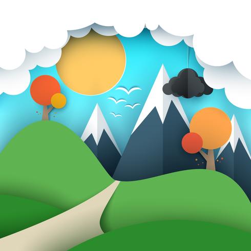Illustration de voyage papier soleil, nuage, colline, montagne, oiseau. vecteur