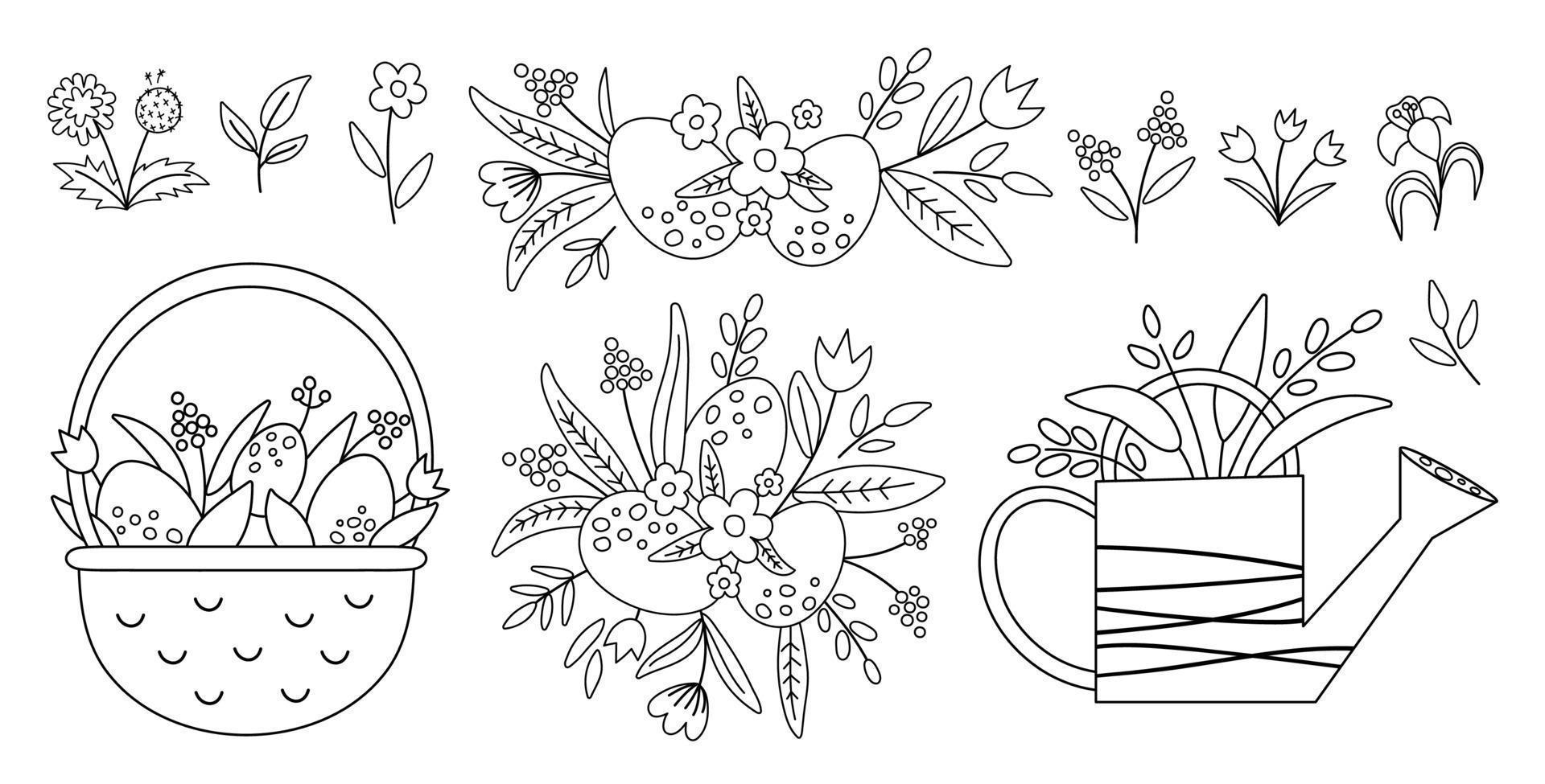 pack d'icônes vectorielles jardin mignon et pâques noir et blanc ou page de coloriage. décrivez la brouette, l'arrosoir, les œufs, les fleurs et les plantes. illustration d'outil de jardinage de printemps pour les enfants. vecteur