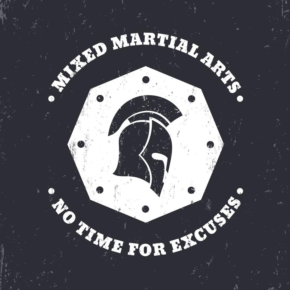 mma, emblème vintage d'arts martiaux mixtes, logo, signe avec casque spartiate sur octogone, illustration vectorielle vecteur
