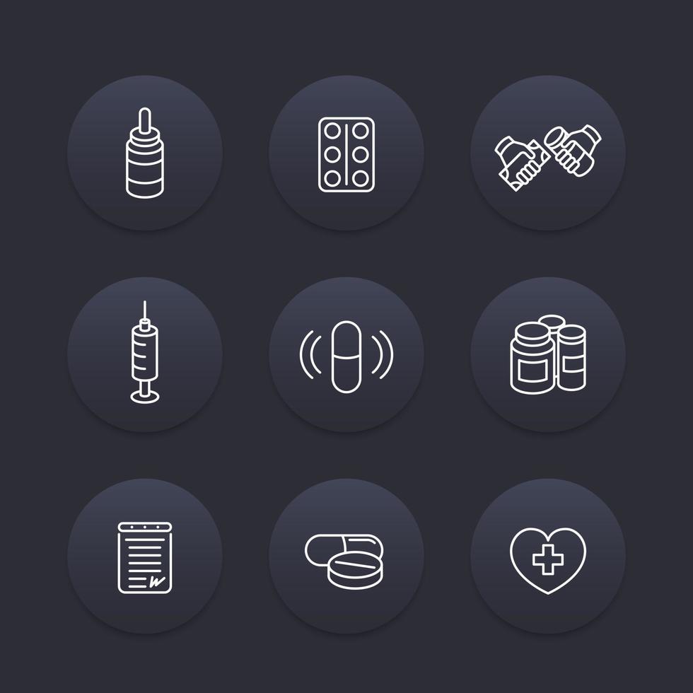 médecine, médicaments, icônes de ligne de pilules, produits pharmaceutiques, suppléments, produits pharmaceutiques, icônes de médicaments, ensemble sombre, illustration vectorielle vecteur
