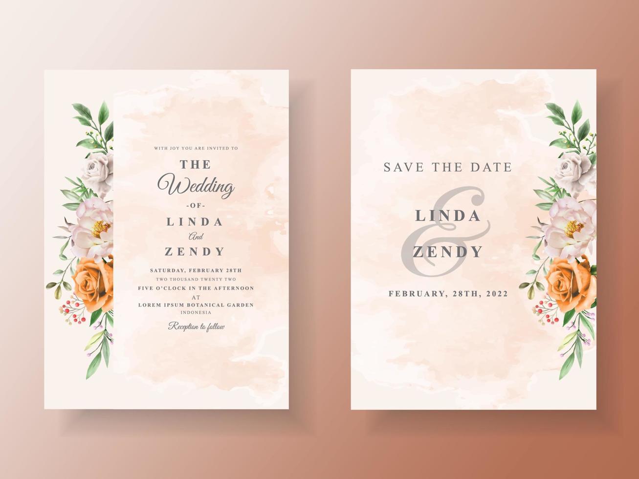 belle carte d'invitation de mariage avec une élégante fleur et feuilles aquarelle vecteur