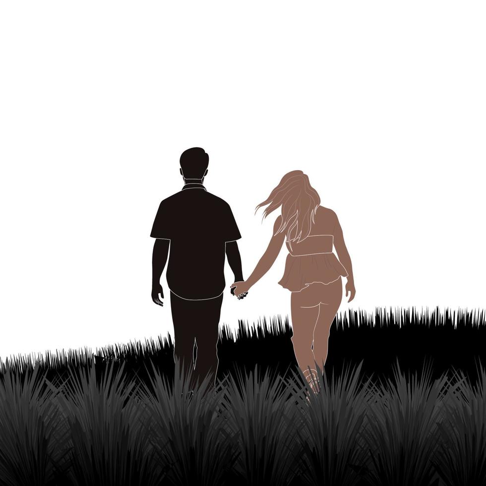 beau couple tenant la main sur fond de champ d'herbe. silhouette de personnage de couple pour la saint valentin, mariage, journée de l'amitié, projets de conception d'anniversaire. vecteur