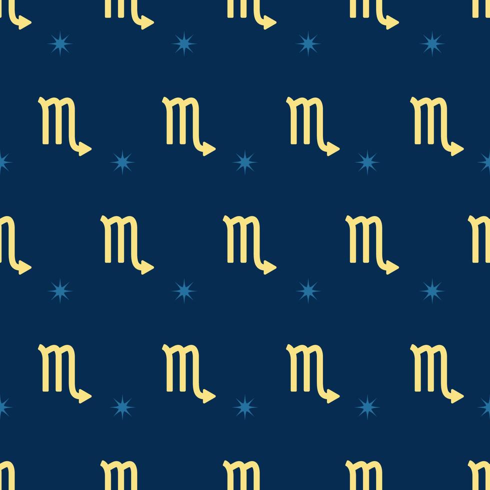 motif or sans soudure du zodiaque. répéter le signe du scorpion avec des étoiles sur le fond bleu. symbole de l'horoscope vectoriel