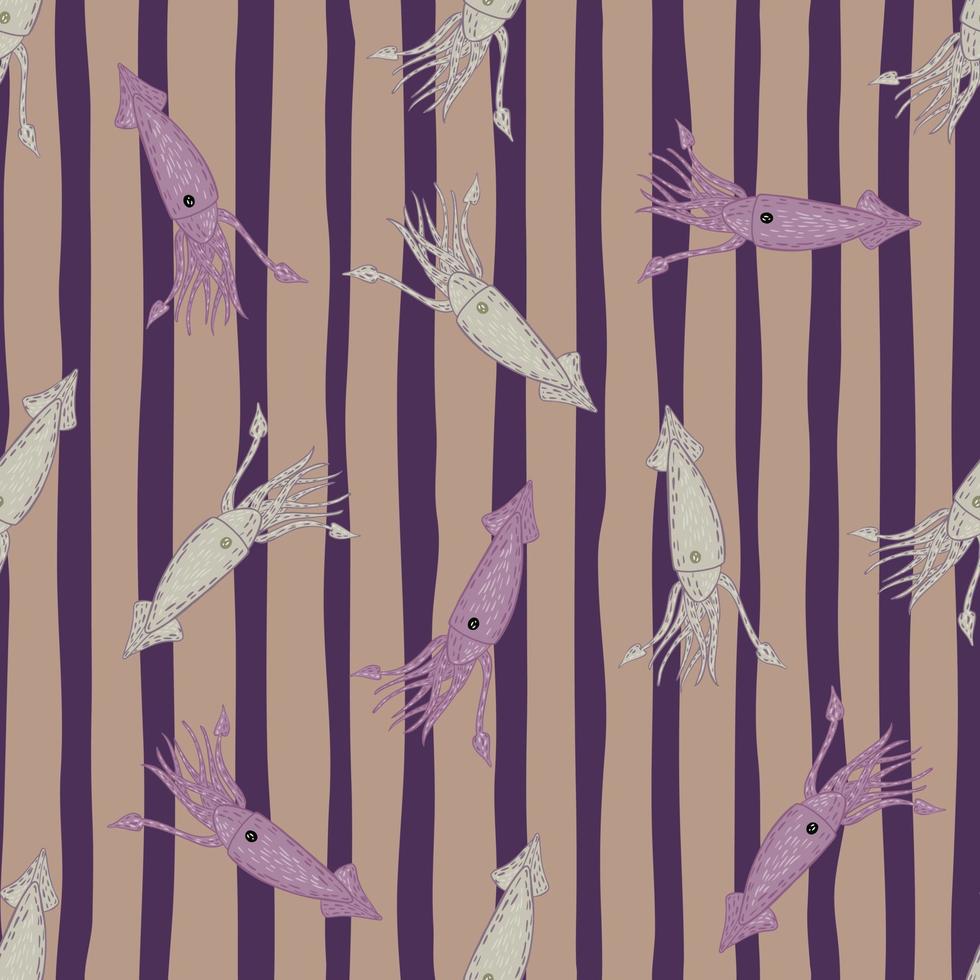 modèle sans couture aléatoire avec des calmars. animaux sous-marins imprimés avec fond rayé violet. vecteur