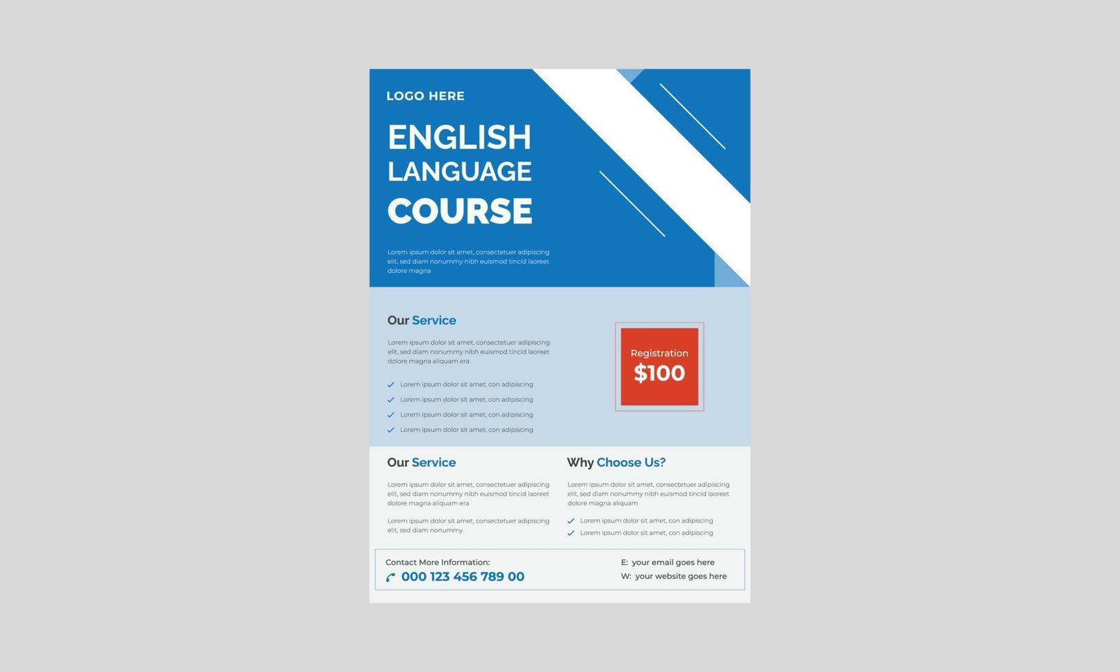 conception de dépliants de cours d'anglais, parlez-vous anglais, concept d'apprentissage de l'anglais, modèle a4, conception de brochures, couverture, dépliant, affiche, prêt à imprimer. vecteur