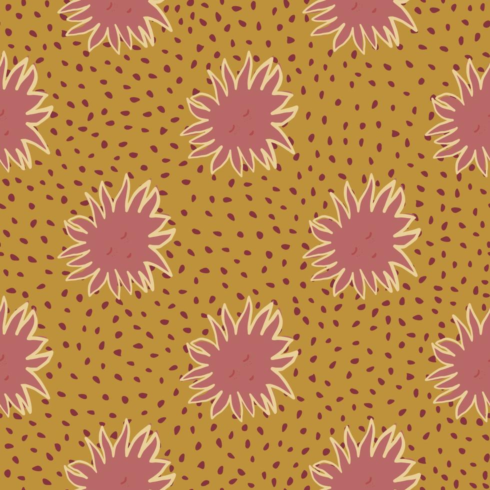 motif de doodle sans couture de visages mignons de soleil. les enfants de dessin animé impriment dans des tons pâles. étoiles roses foncées sur fond pointillé ocre. vecteur