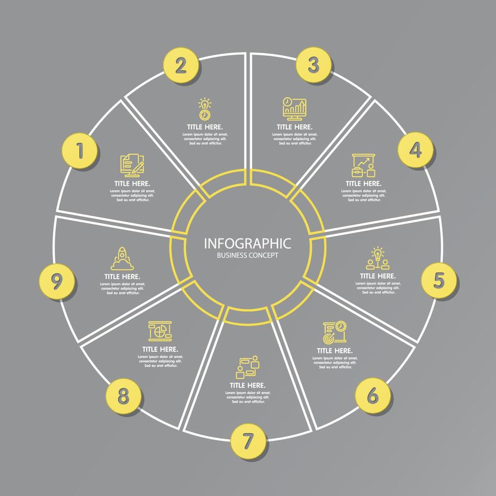 couleurs jaunes et grises pour l'infographie de cercle avec des icônes de ligne mince. 9 options ou étapes pour l'infographie. vecteur