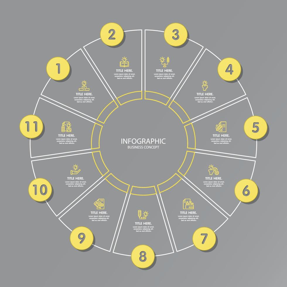 couleurs jaunes et grises pour l'infographie de cercle avec des icônes de ligne mince. 11 options ou étapes pour l'infographie. vecteur