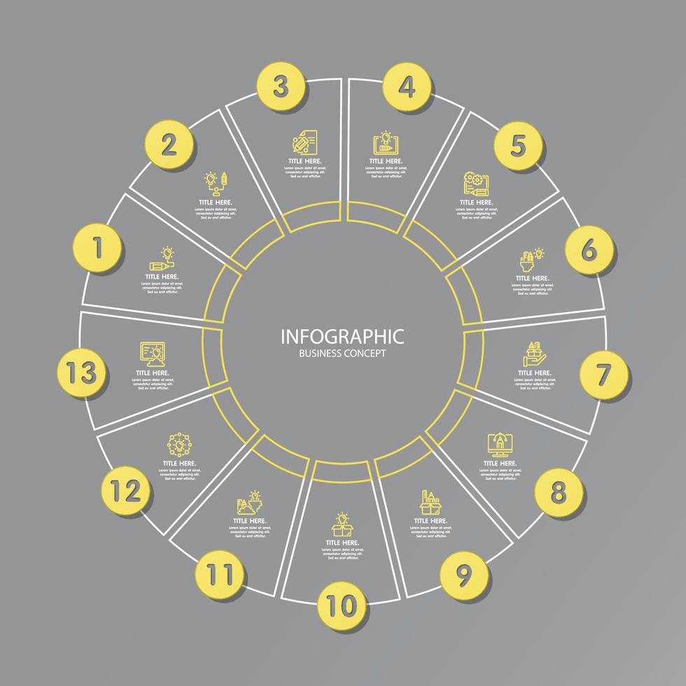 couleurs jaunes et grises pour l'infographie de cercle avec des icônes de ligne mince. 13 options ou étapes pour l'infographie. vecteur