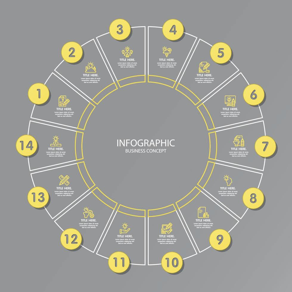 couleurs jaunes et grises pour l'infographie de cercle avec des icônes de ligne mince. 14 options ou étapes pour l'infographie. vecteur